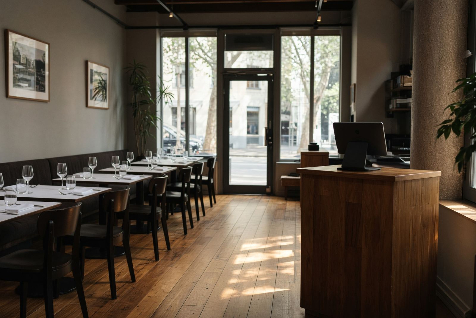 Dining room set before service, host stand waiting.