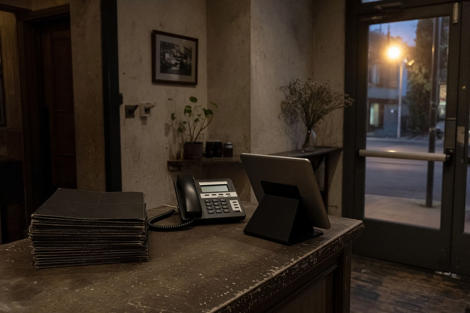 Host stand at dusk with menus, phone and a reservation tablet.
