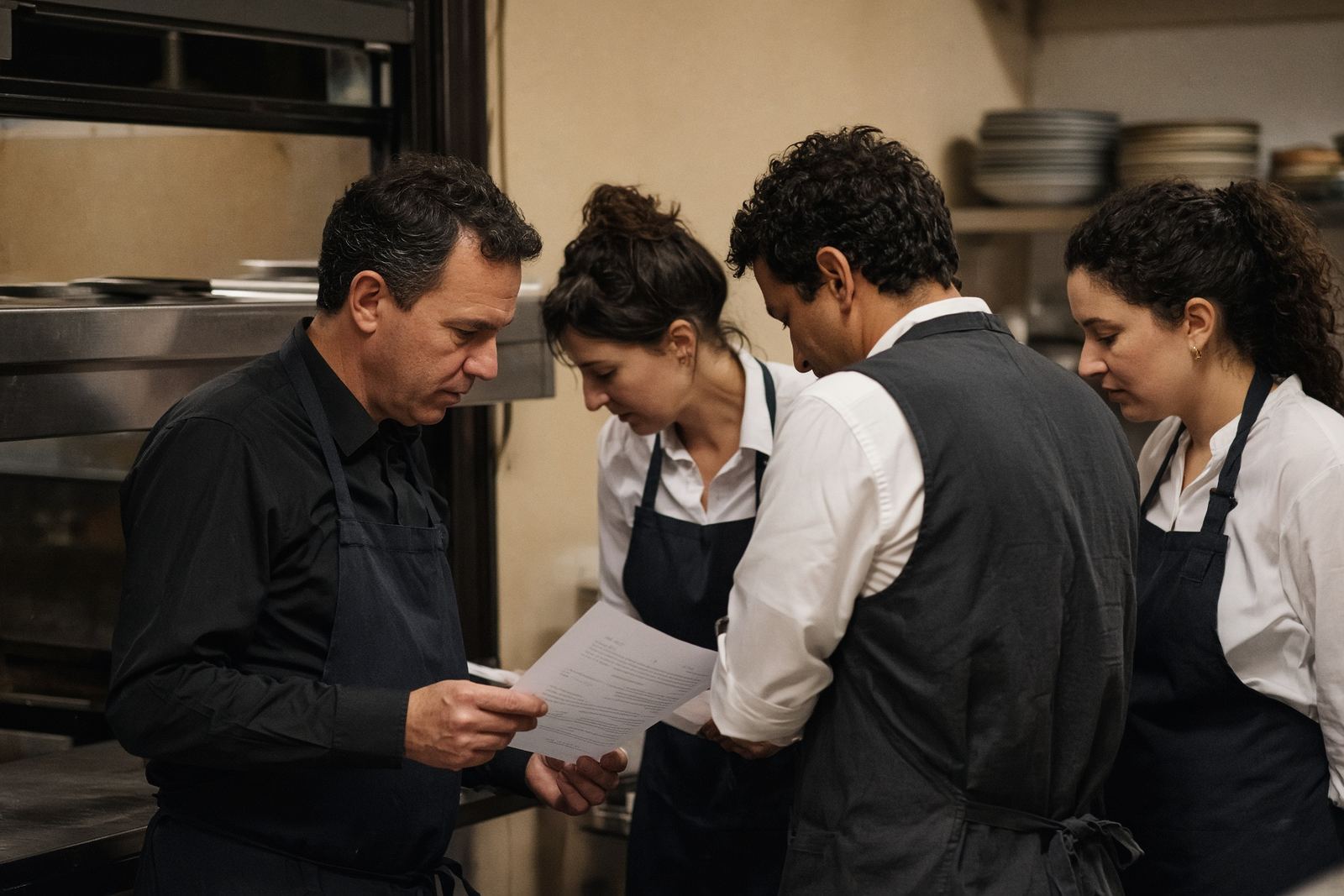 Pre-service huddle beside a kitchen pass.